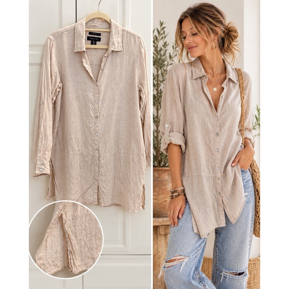 Tahari Linen Button Down Top Womens M Boho Casual Indie Granola Minimalist Beige